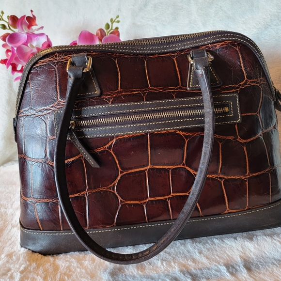 Dooney & Bourke Cognac Brown Croco Embossed Leather Domed Satchel - Picture 5 of 9